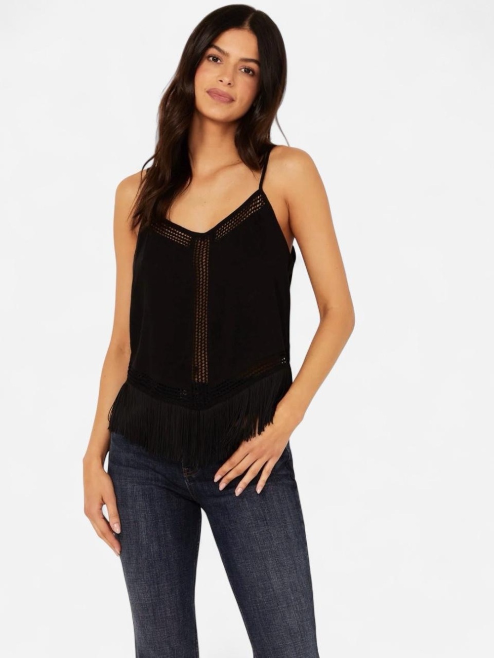 Black Fringe V-Neck Cami Top - Women